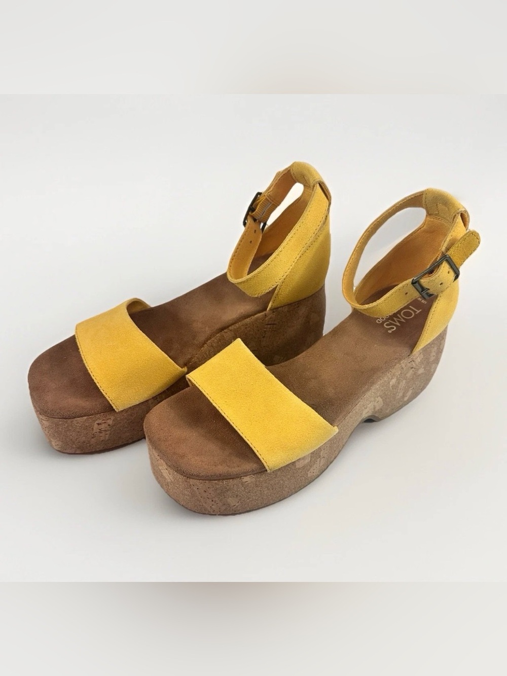 TOMS Yellow Suede Cork Platform Wedge Sandals Women’s Size 8